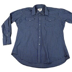 Ruddock XL Blue Plaid Pearl Snap Western Long Sleeve‎ Shirt USA Vintage Cowboy